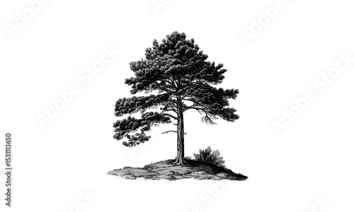Vector illustration, Scots Pine Tree Illustrations, pine forest artwork, natural scenery design, tree silhouette, outdoor environment graphic, botanical sketch, wilderness flora elements.