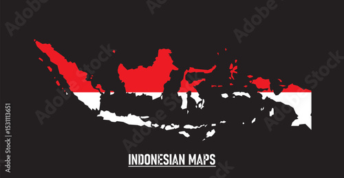 Vibrant illustration of Indonesian map, infused with the iconic red and white of its flag against a stark black backdrop. Ideal for commemorating freedom, unity, and national pride