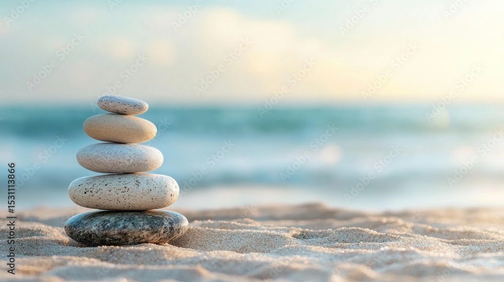 Fototapeta premium A stack of five stones on a sandy beach with a calm ocean in the background.