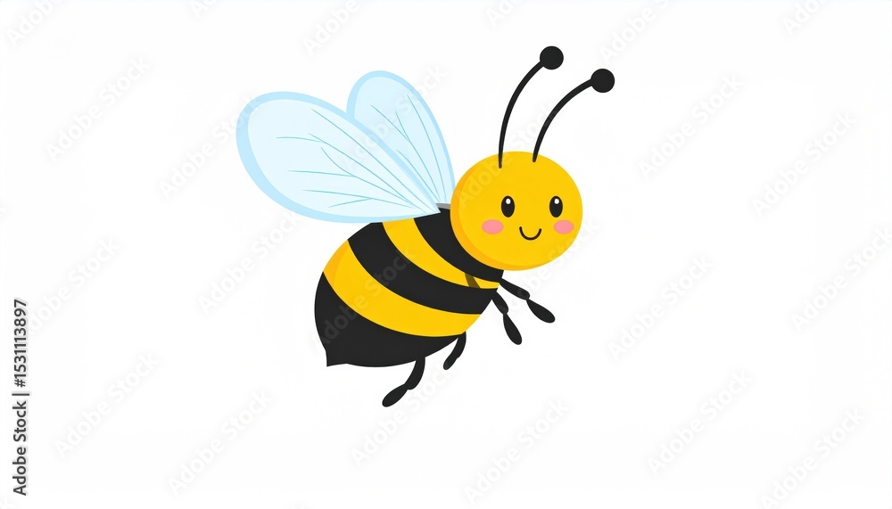 Cheerful Honeybee Illustration on a White Backdrop with Gentle Smile and Wings Cheerful Honeybee Illustration on a White Backdrop with Gentle Smile and Wings
