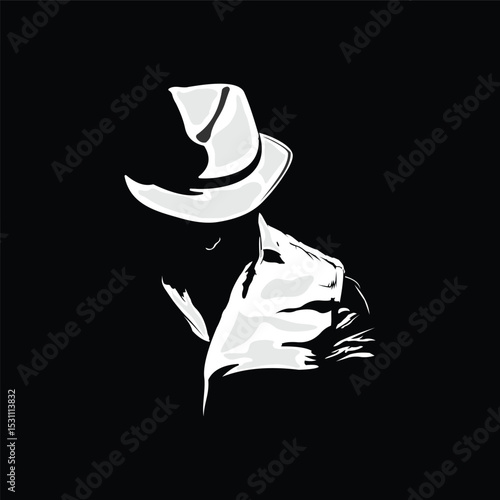 vector white silhouette of mysterious man in half body hat on isolated black background