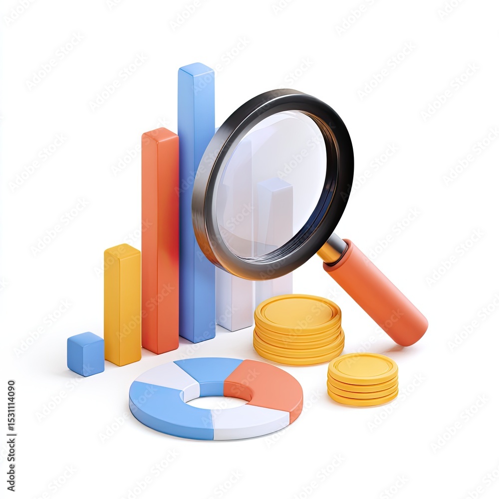 3D graphic of bar graph, pie chart, coins, and magnifying glass 3D graphic of bar graph, pie chart, coins, and magnifying glass