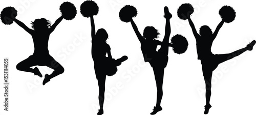 Vector silhouettes of young girls cheerleaders in action
