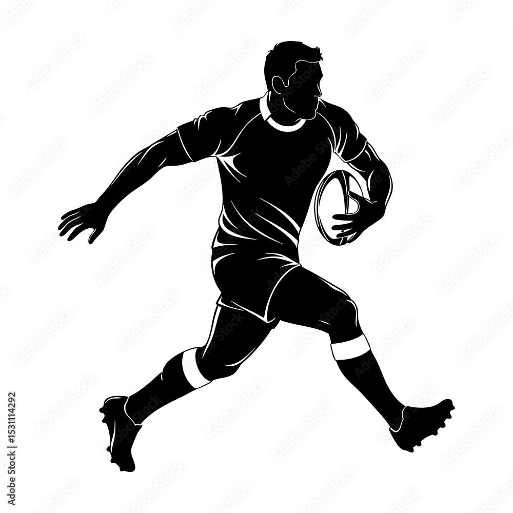 Naklejka premium Rugby Player Silhouette Running with Ball Black and White