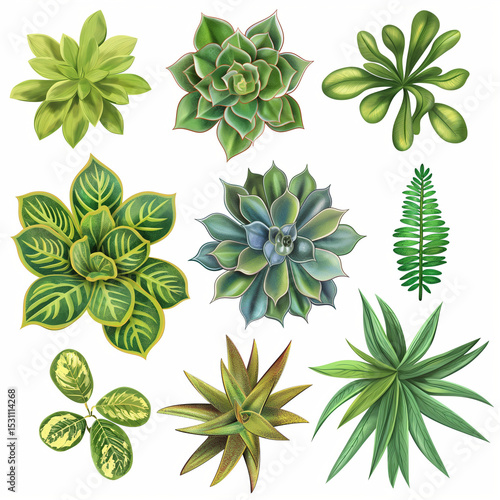 Succulent Collection: A vibrant collection of succulents and tropical plants, showcasing diverse textures, colors, and forms, perfect for design projects.