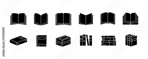 Black book icons including open books, closed books, stacked books, and books on shelves. Solid silhouette vector