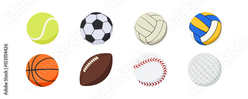 Set of sport balls including tennis, soccer, volleyball, basketball, football, baseball and golf.