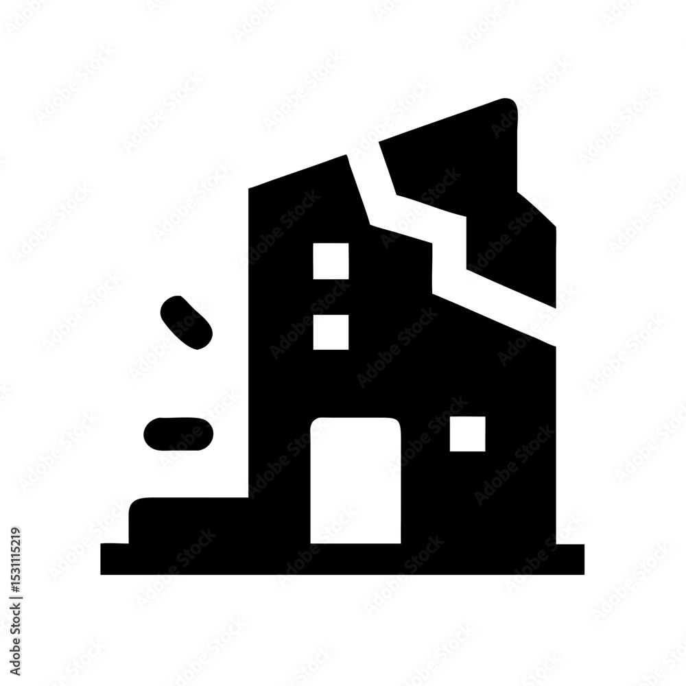 Icon of a damaged building to signify destruction or disrepair Icon of a damaged building to signify destruction or disrepair