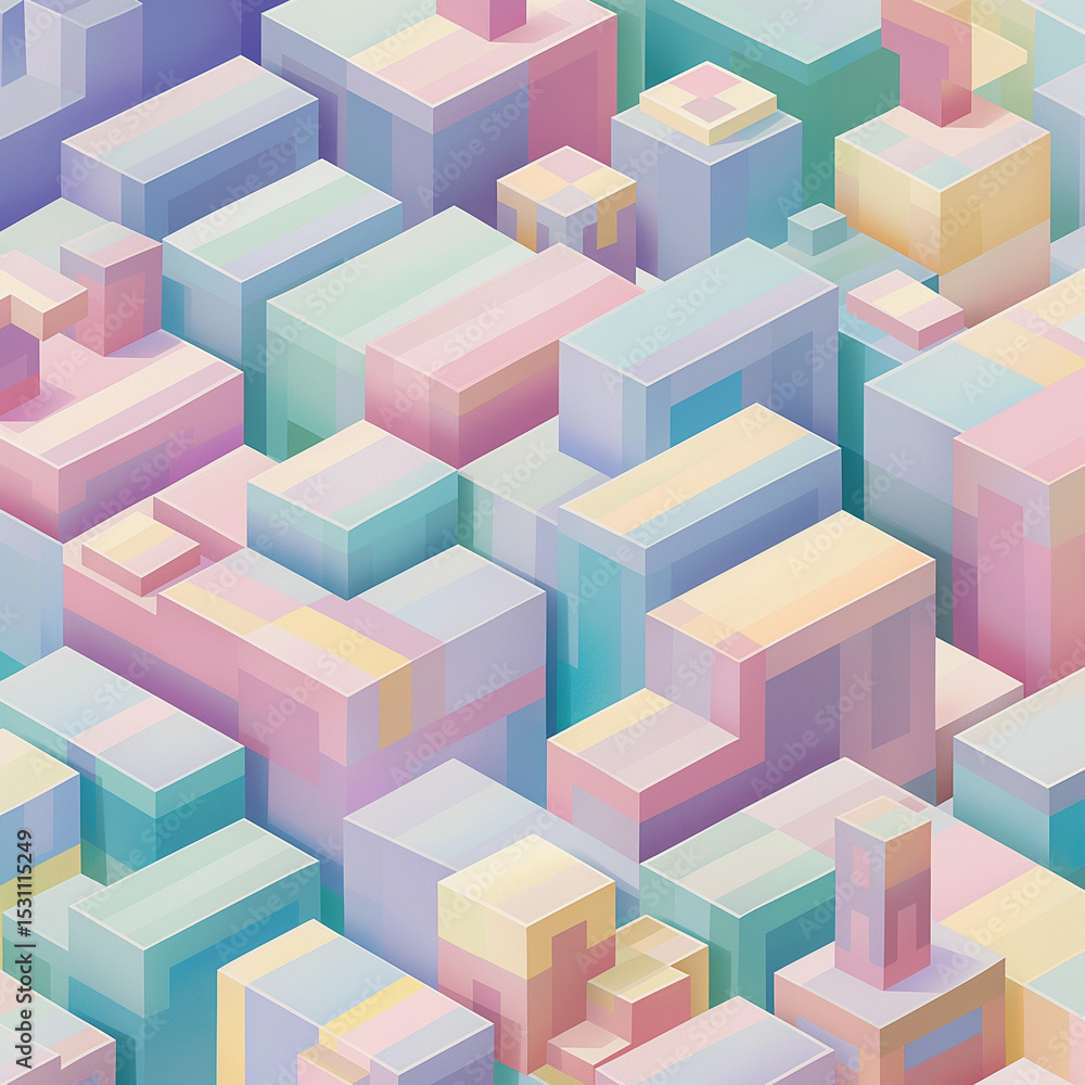 Geometric Pastel Cityscape: A visually captivating, isometric perspective of an abstract cityscape, rendered in soft pastel hues and geometric forms, creating a sense of playful architectural wonder. Geometric Pastel Cityscape: A visually captivating, isometric perspective of an abstract cityscape, rendered in soft pastel hues and geometric forms, creating a sense of playful architectural wonder.