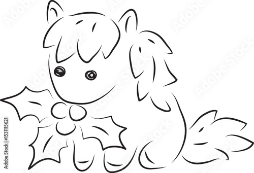 little cute pony sits and holds a New Year's Christmas holly berry in her mouth, simple hand drawn illustration, painted with a black brush