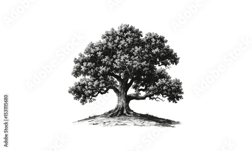 Oak Tree Illustrations vector illustration, hardwood tree, temperate forest, leaf texture, tree branch, nature flora, parkland trees, natural scenery, tree bark detail.