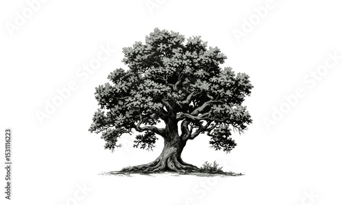 Sessile Oak Tree Illustrations, vector illustration, forest plants, deciduous tree art, nature drawings, botanical sketches, woodland scenery, tree silhouette, outdoor landscape.