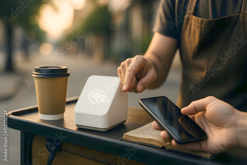 Fototapeta Naklejka Na Ścianę i Meble -  Contactless mobile payment in action at a cozy street coffee cart. Barista and customer hands, smartphone tap, terminal and coffee cup in warm morning light. Urban small business tech scene.