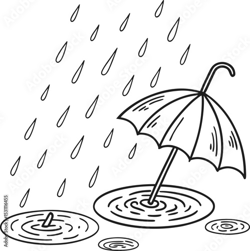 Vector illustration of a business arrow hitting the bullseye of a dartboard-like umbrella in the rain, symbolizing a successful target or goal