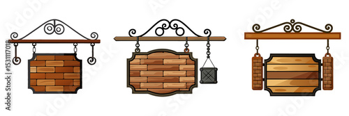 Rustic outdoor hanging wood sign, attached to brick wall with antique iron scroll bracket