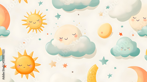 diseño de fondo con dibujos decorativos infantiles con nubes soles estrellas y lunas para decorar una tarjeta adorable para niños o bebes plantilla con diseño