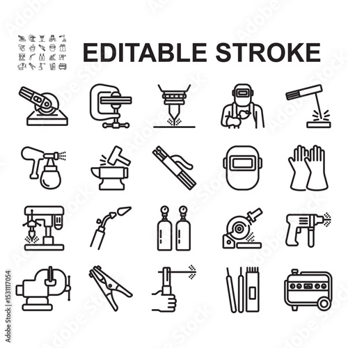 Welding repair icon set. Thin line style vector. Contains icons such as cutting with grinder, drilling, welding and more.