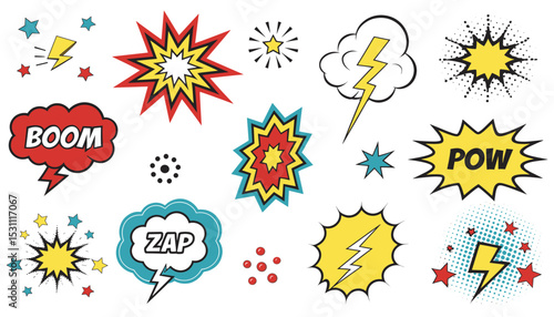 Dynamic Comic Book Elements for Creative Projects Bursting with Colorful Cartoon Style Explosions