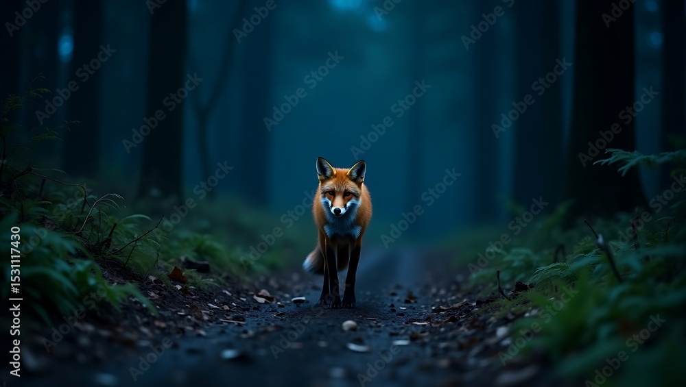 Naklejka premium A red fox moves silently along a forest path lit only by the stars, its fur glowing softly in the night air.