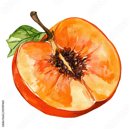 Persimmon Slice, watercolor drawing vector, isolated on a white background.