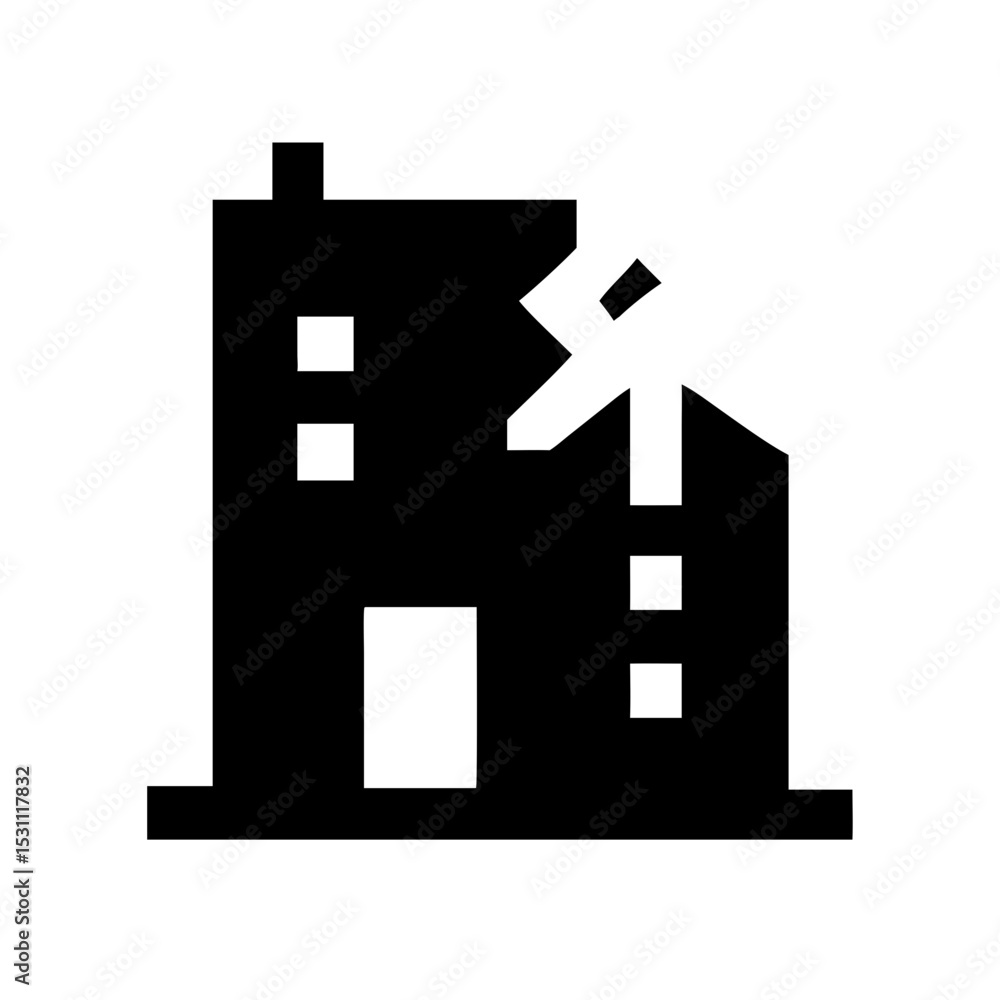 Icon of a damaged building to signify destruction or disrepair Icon of a damaged building to signify destruction or disrepair