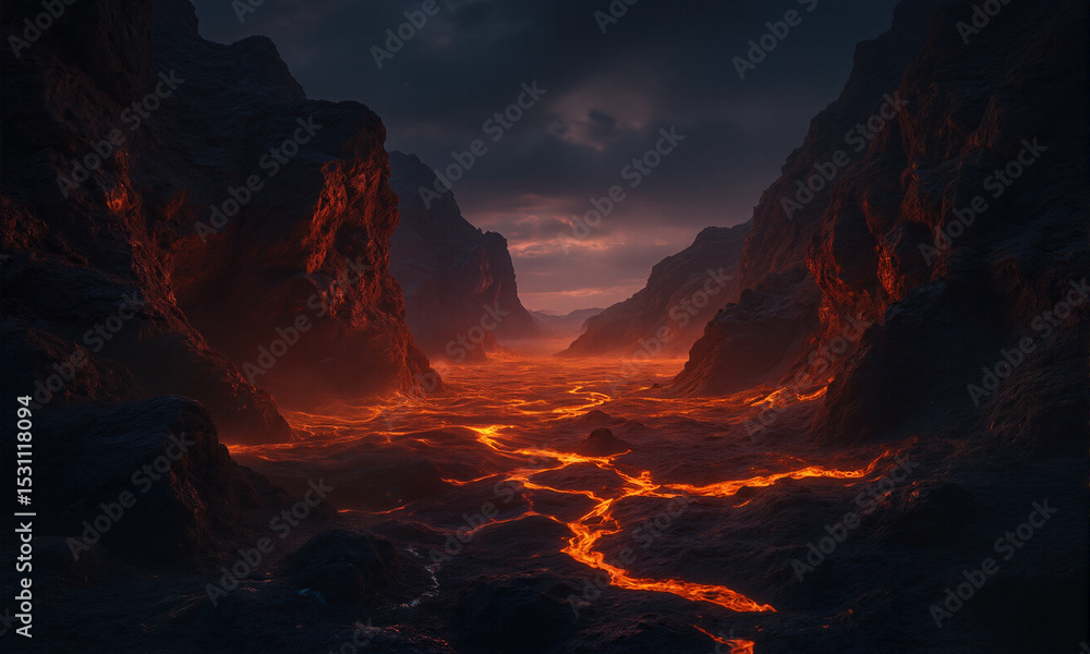 Fototapeta premium Red glowing lava flowing through canyon