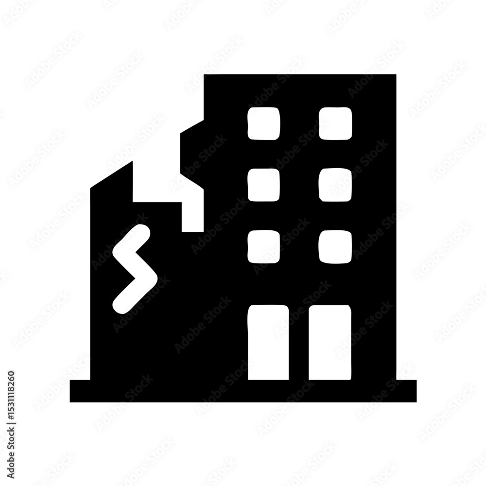 Icon of a damaged building to signify destruction or disrepair Icon of a damaged building to signify destruction or disrepair