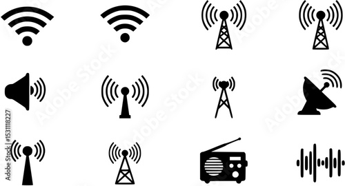 Wireless signal icons set includes wifi, antenna, radio, sound waves, perfect for tech design, communication network, audio visual vector illustration
