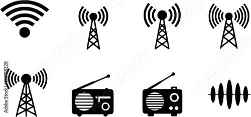 Wireless signal icons set includes wifi, antenna, radio, sound waves, perfect for tech design, communication network, audio visual vector illustration
