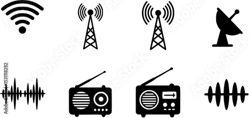 Wireless signal icons set includes wifi, antenna, radio, sound waves, perfect for tech design, communication network, audio visual vector illustration
