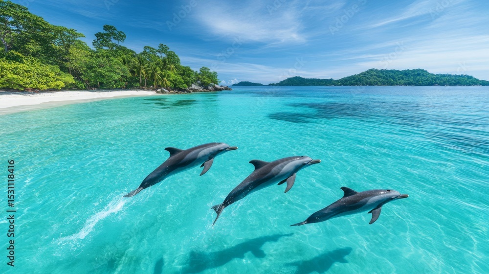 Obraz premium Three Dolphins Swimming in Turquoise Ocean near Tropical Island