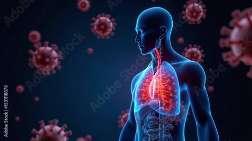 A human body scan with lungs affected by viruses for science medical concepts or healthcare illustrations to visualize respiratory illness and treatments.