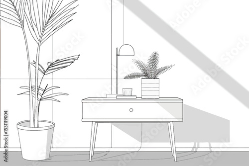 Sketch of a room with a vertical poster between a bookcase, a cozy armchair with a lamp. Front view. 3d render