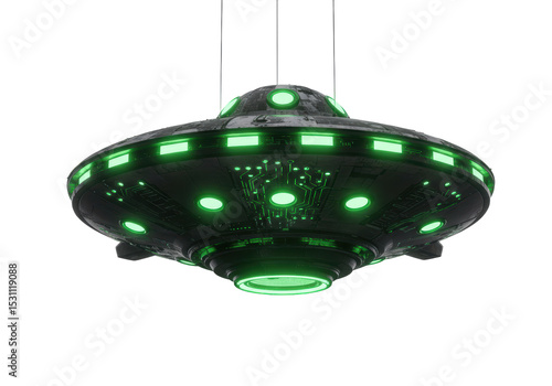 Isolated Futuristic UFO with Glowing Green Lights