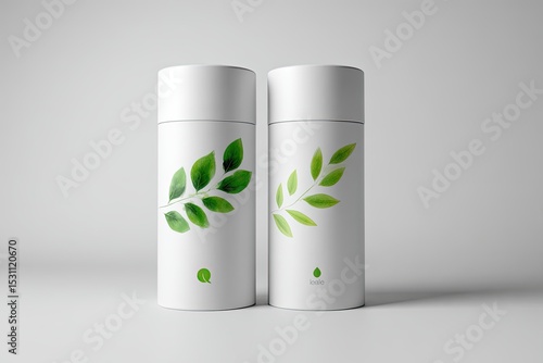 Wallpaper Mural Two white cylindrical containers, showcasing watercolor-style green leaves Torontodigital.ca