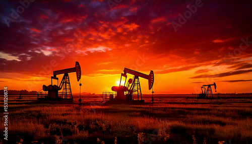 Night scene with silhouetted oil pumpjacks operating under red sunset ligh, casting a mystical light over the industrial landscape in a field. Contrast between nature and energy production