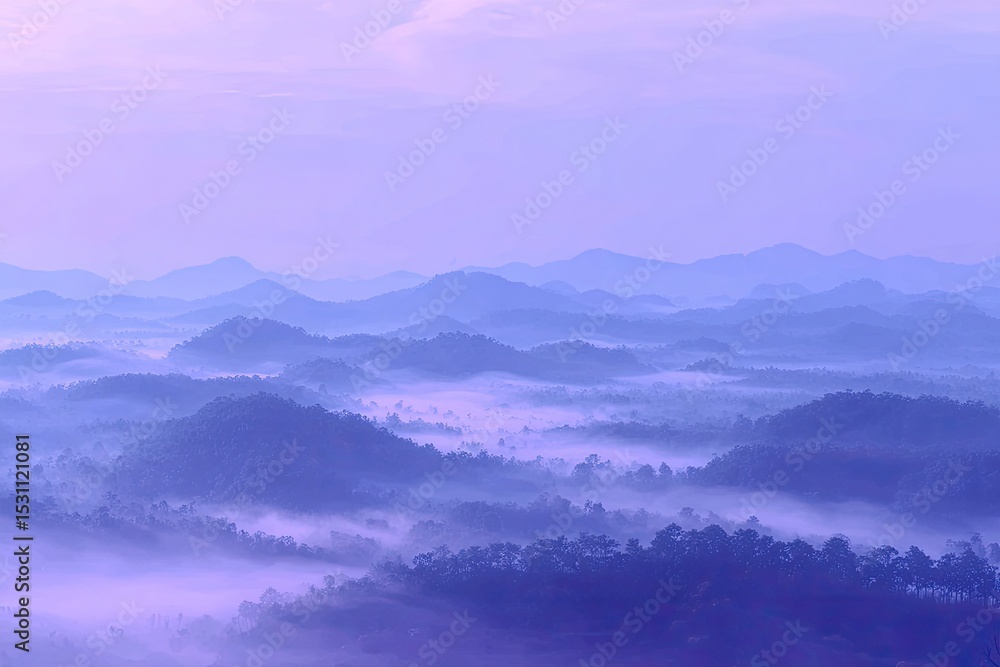 Misty mountain range at dawn, purple-toned vista Misty mountain range at dawn, purple-toned vista