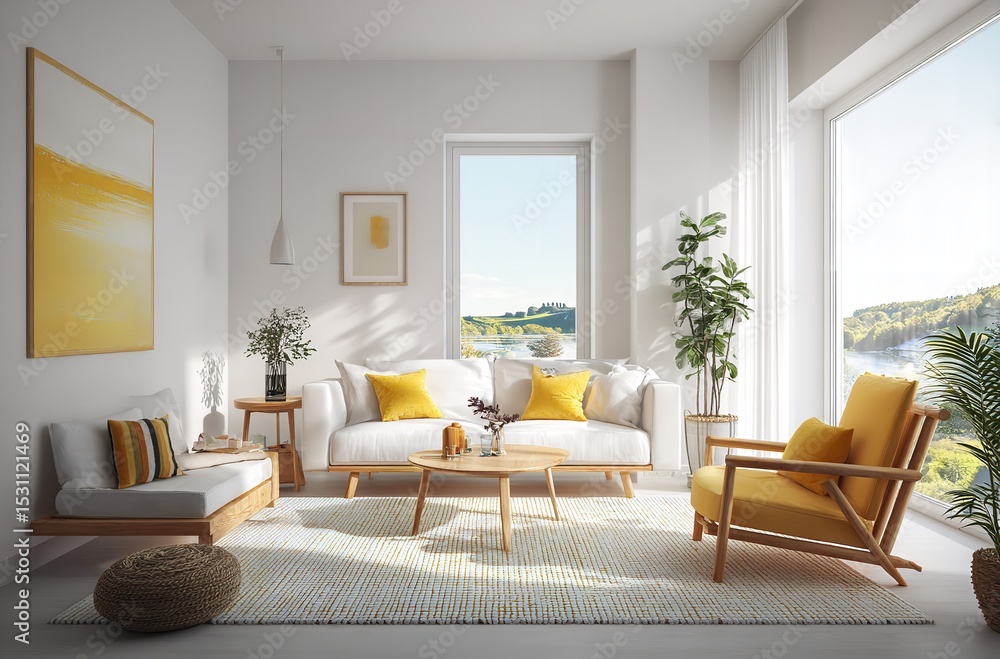Fototapeta premium Modern living room design ideas white and yellow decor scandinavian style interior design inspiration