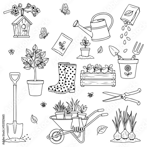 Line drawing set of various gardening doodles, including tools and plants, watering can, shovel, boots, seeds. vector illustration