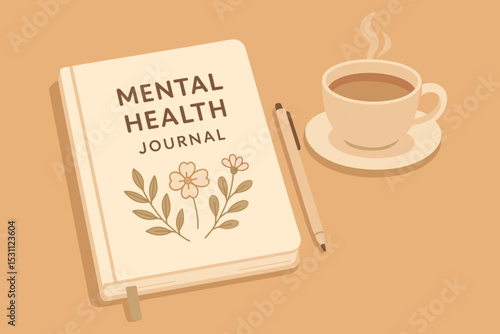 Mental health journal with flower illustration lying next to cup of tea on warm beige background. Concept of psychological self-reflection and calm routine