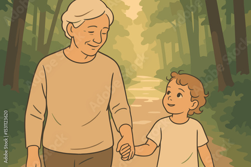 Smiling elderly woman holding hand of happy child walking together on forest path in summer light. Concept of intergenerational bonding and outdoor wellbeing