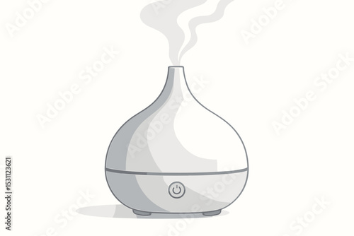 Modern white humidifier with vapor cloud on soft light background. Concept of air quality and home comfort for wellness