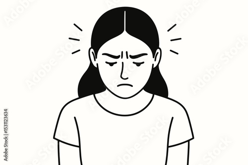 Angry young woman with frowning eyebrows and clenched mouth shown in minimal black line drawing. Concept of negative emotions and frustration