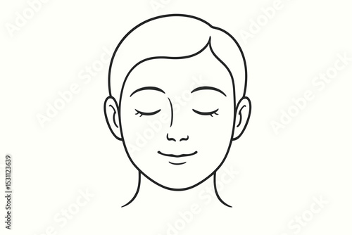 Minimal line art of serene human face with closed eyes on white background. Concept of inner peace and mindful meditation