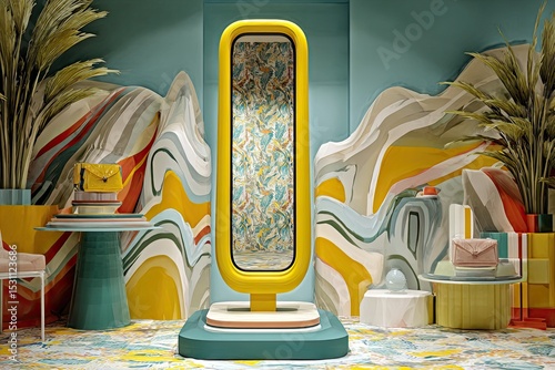 Fototapeta Naklejka Na Ścianę i Meble -  Vibrant, stylized retail display featuring a tall yellow oval mirror, surrounded by teal, yellow, and pastel accents.  Abstract, swirling patterns decorate the walls and pedestals