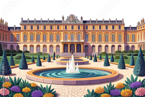 Elegant vector scene of the Palace of Versailles with formal gardens, ornate fountains, and royal French architecture, representing cultural history and opulence