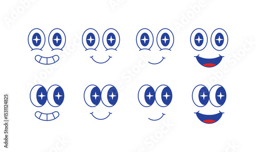 Playful cartoon faces with funny expressions, in y2k, retro, and vintage styles. Ideal for emoticons, stickers, or creative digital design projects.