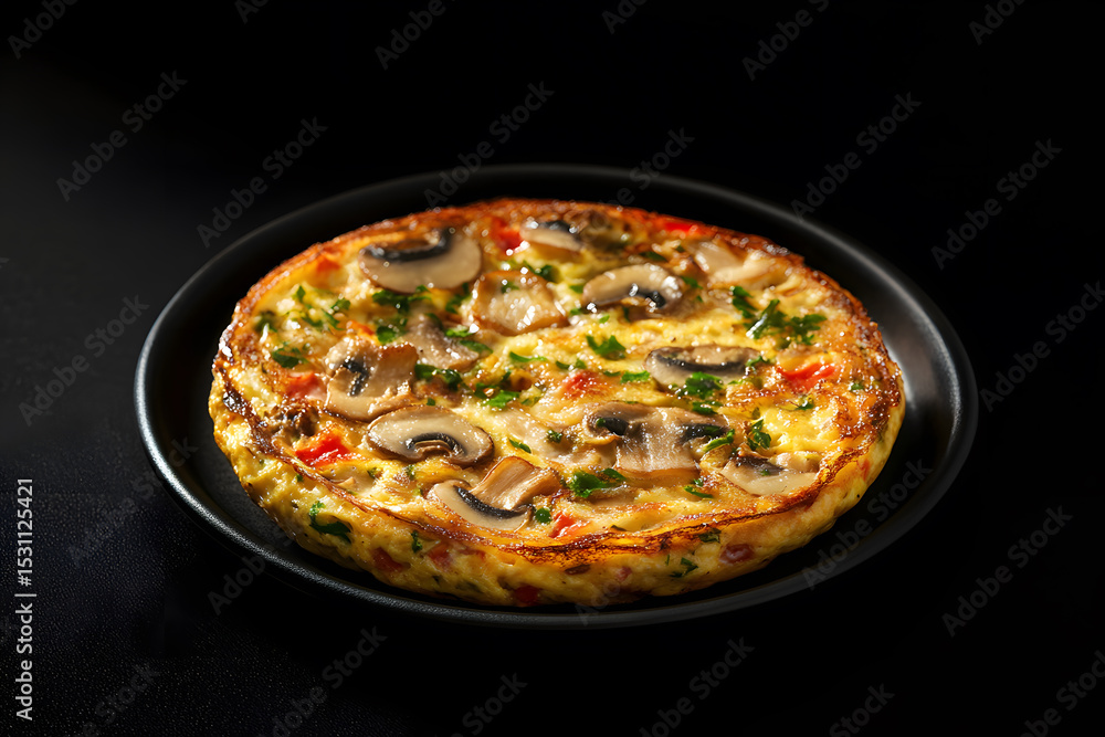 Mushroom Omelet with Tomatoes on Wooden Plate Mushroom Omelet with Tomatoes on Wooden Plate