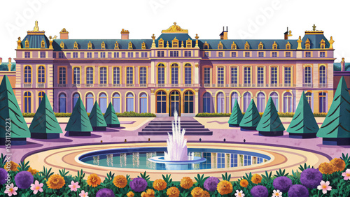 Elegant vector scene of the Palace of Versailles with formal gardens, ornate fountains, and royal French architecture, representing cultural history and opulence