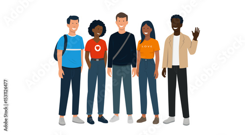 Illustration vectorielle montrant un groupe de jeunes adultes ou adolescents, hommes et femmes, d'origine ethnique différente, illustrant la diversité.